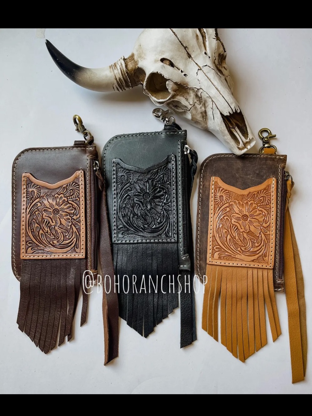 Tooled Fringe Leather Wristlet Clutch - Black
